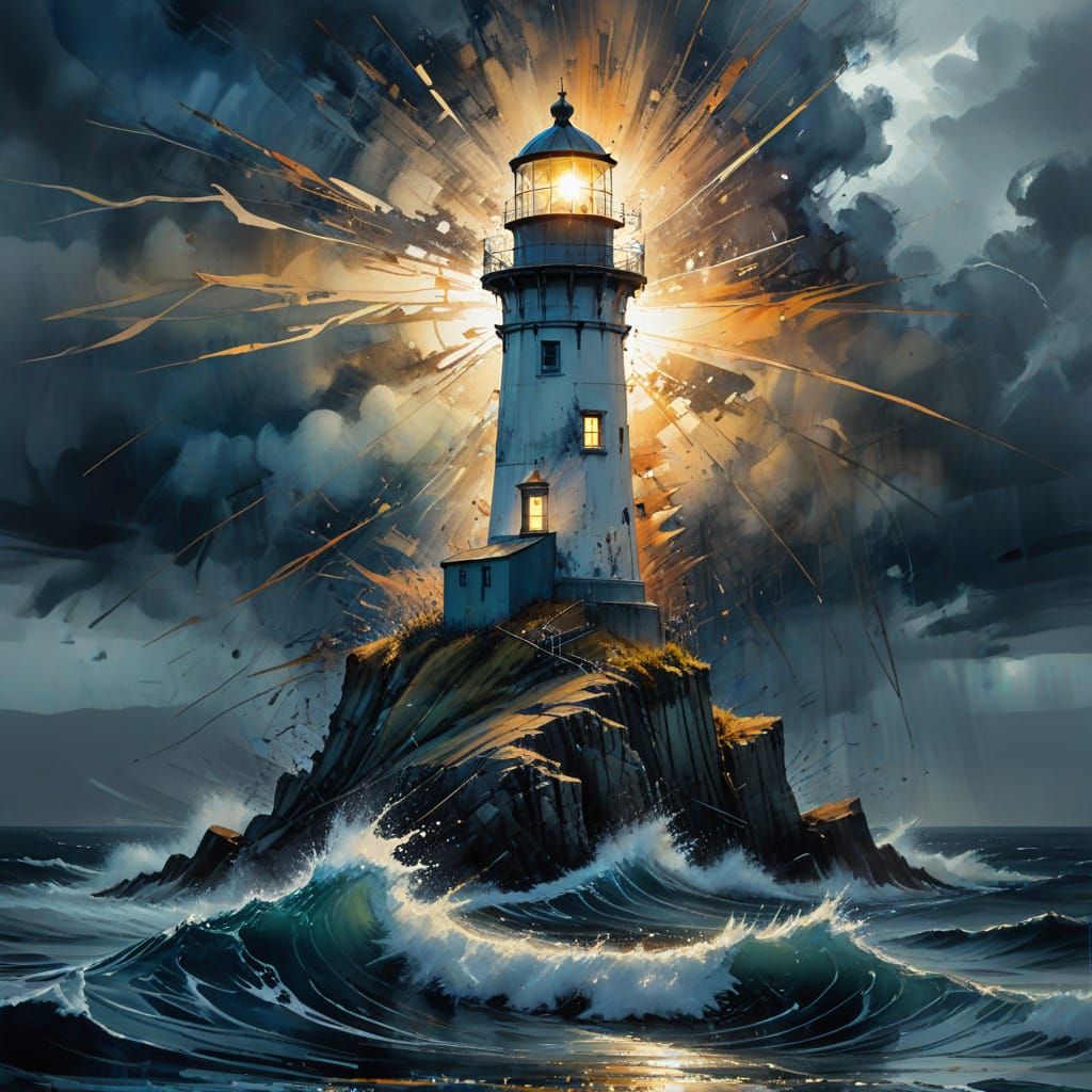 Lighthouse Against Tempestuous Sky in Watercolour Style
