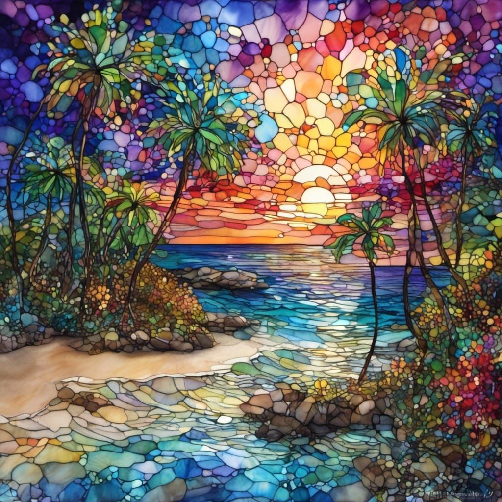 Stained Glass Tropical Beach Sunset Landscape
