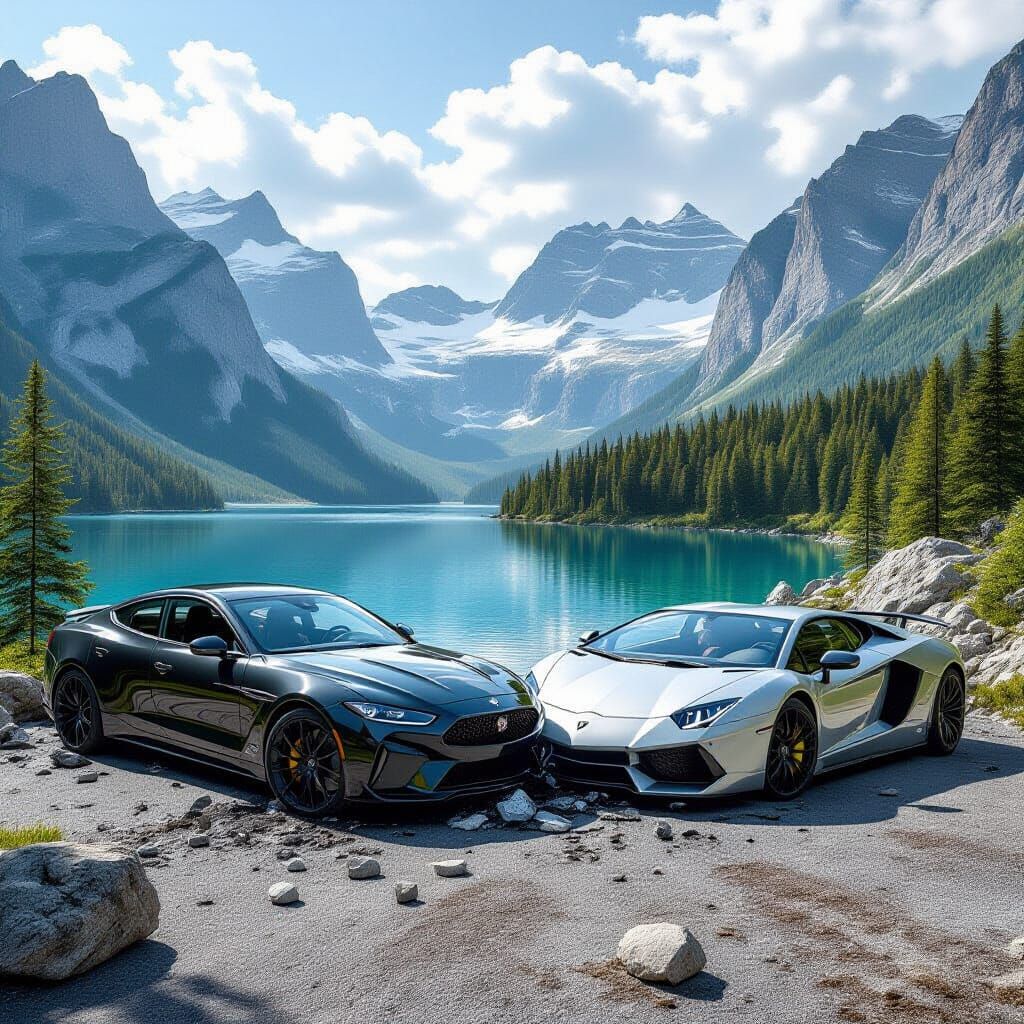 Luxury Cars Crash in Mountain Landscape