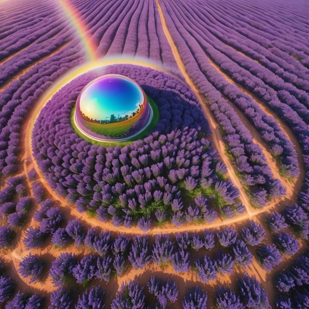 Lavender Field Under Rainbow Dome: Iridescent Digital Art