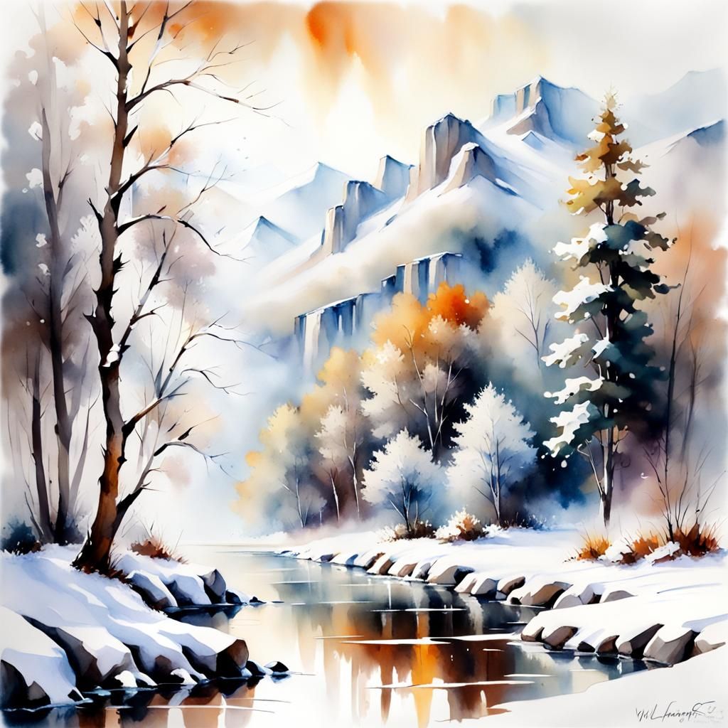 Winter Landscape Watercolor Painting with Mountains and Rive...