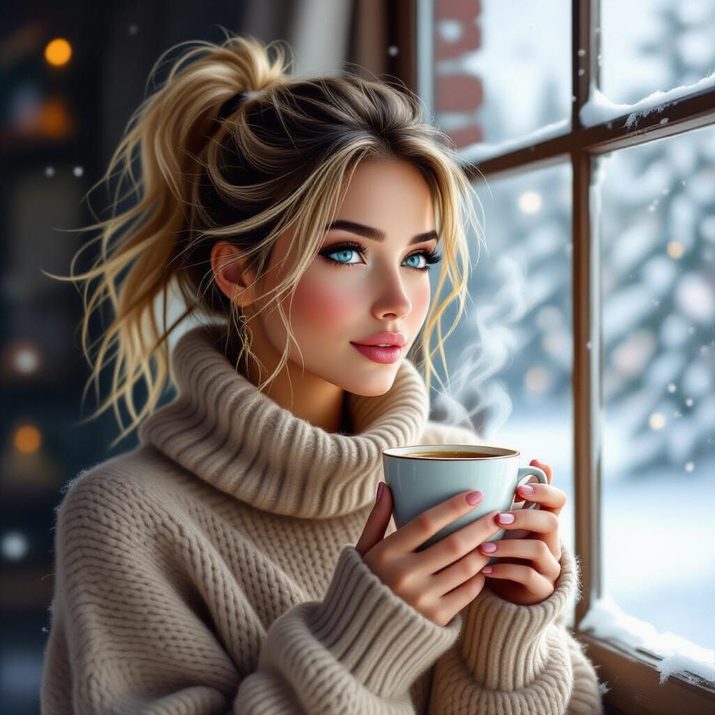 Woman Gazing Out Window in Winter Watercolor Style