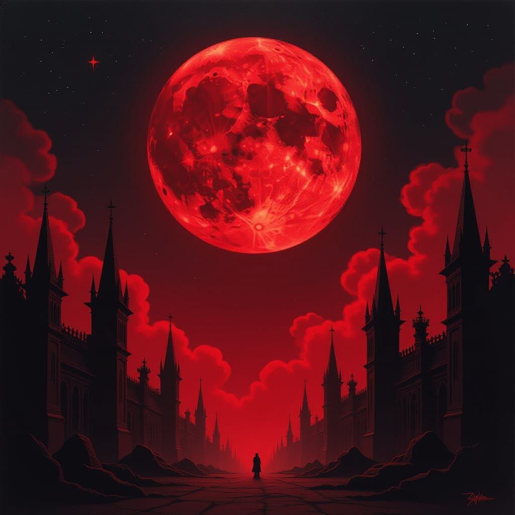 Crimson Blood Moon Over Dark Gothic Landscape
