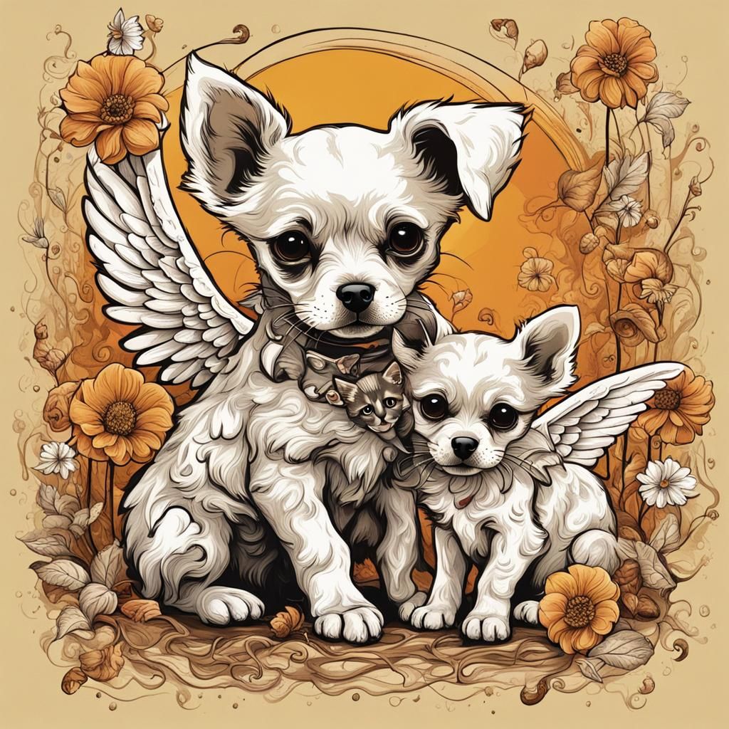 Adorable Angel Puppy and Kitten Skeletons Abstract Art