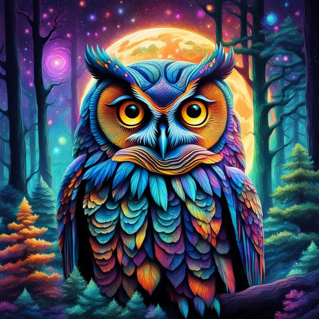 Holographic Forest Owl in Cosmic Astral Illustration