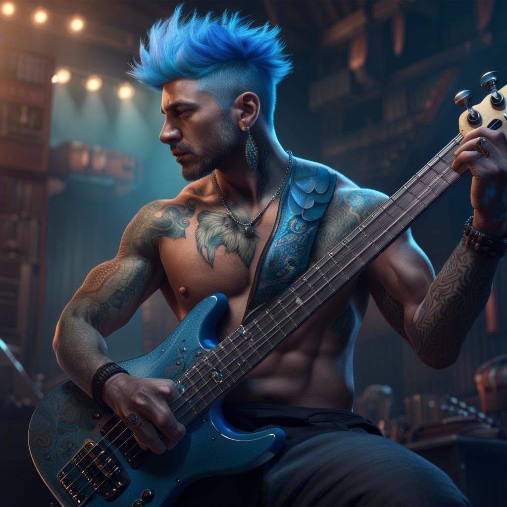 Blue-Haired Muscular Man Playing Bass Guitar