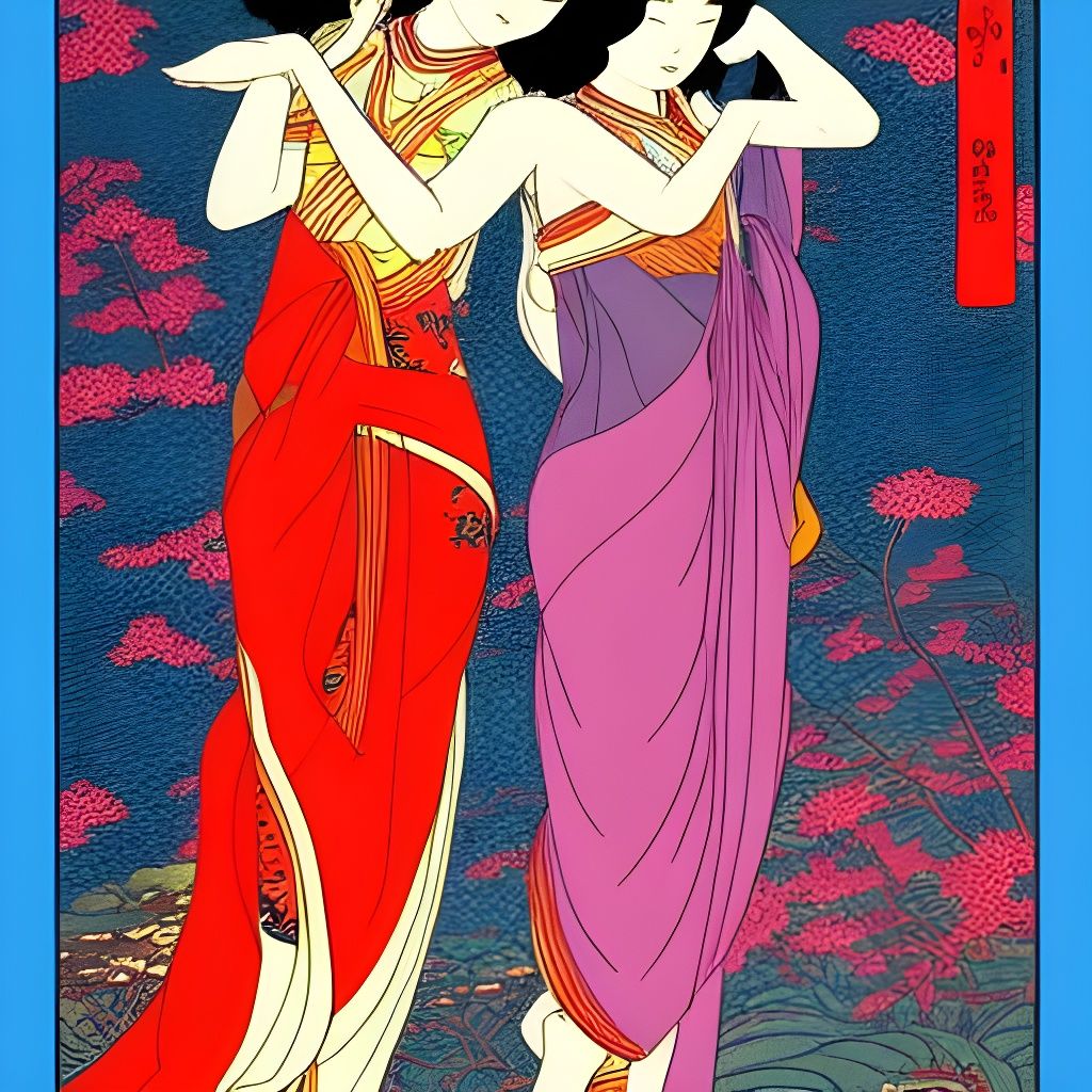 Goddesses Embrace: Vibrant, Intricate Ink Drawing