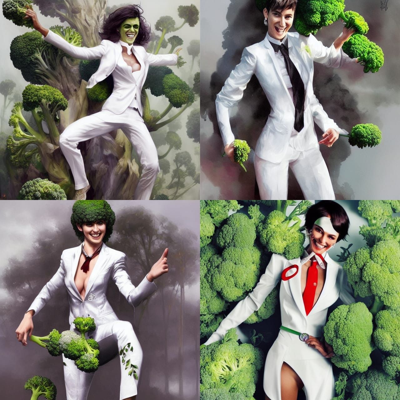 Broccoli Dancer in White Suit: Hyper-Realistic Portrait