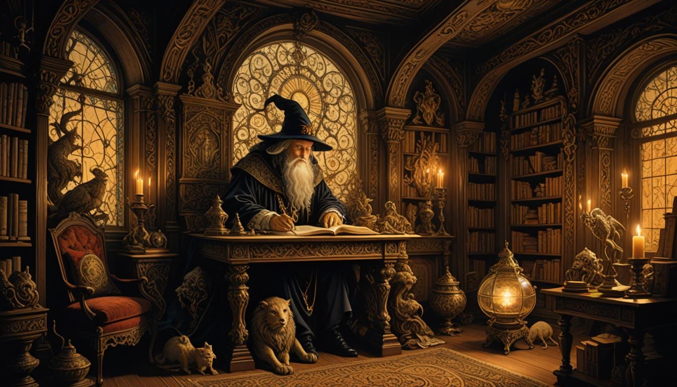 Baroque Fantasy Study with Wizard in Warm, Golden Light