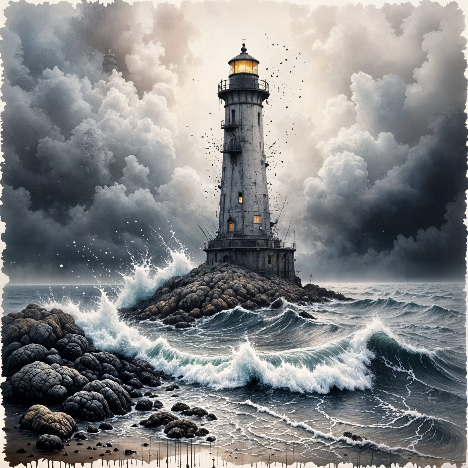 Lone Lighthouse Against Stormy Seas in Dramatic Oil Style