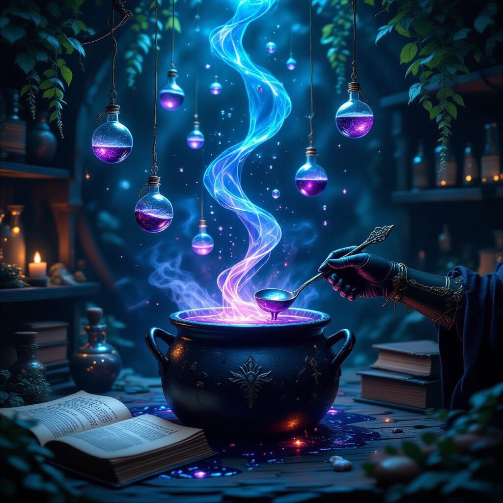 Magical Apothecary Workshop with Orbiting Potions