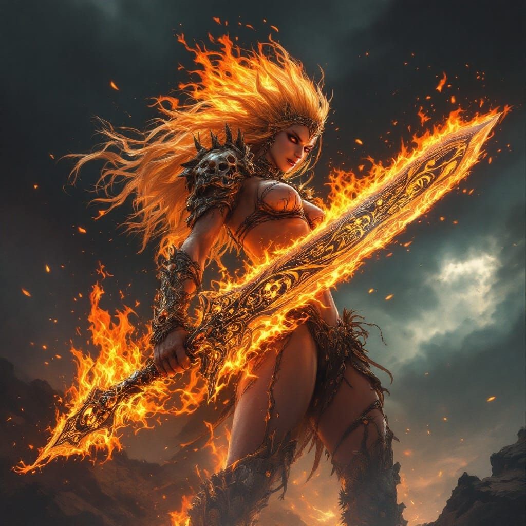 Epic Flame Knight with Tribal Armor and Swirling Sword Patte...