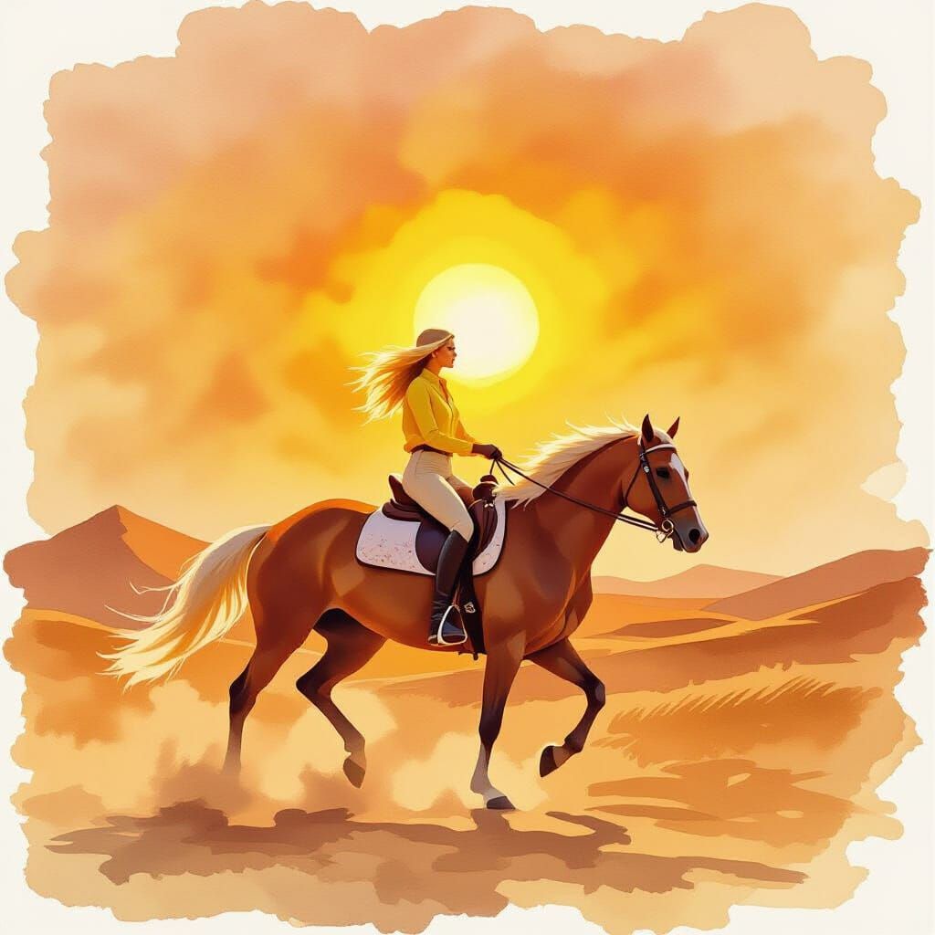 Woman on Palomino Horse in Desert Watercolor