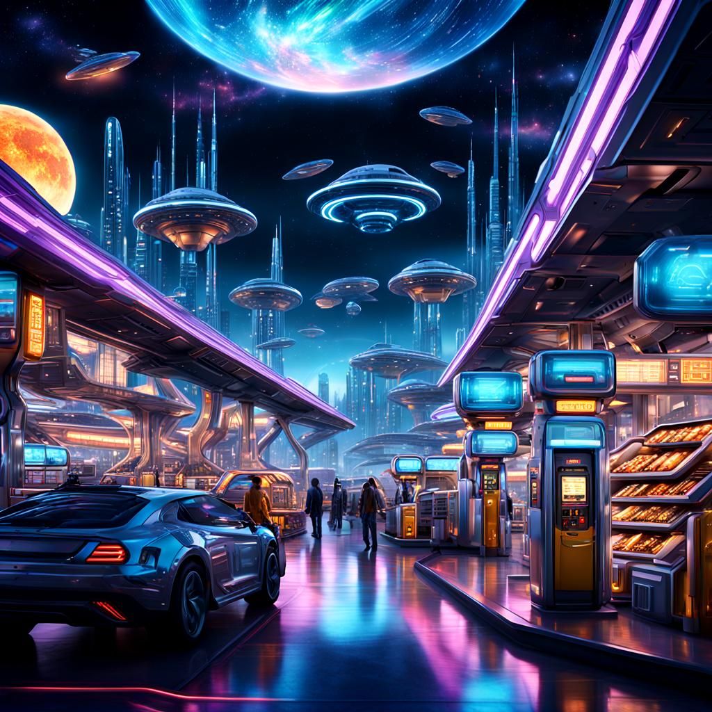 Aliens Shopping in Futuristic Space Cityscape