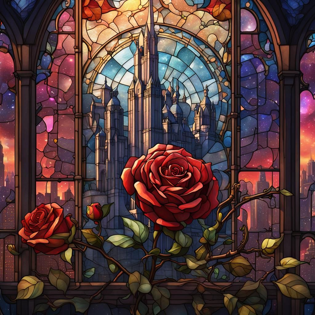 Stained Glass Rose with Music, 3D Art