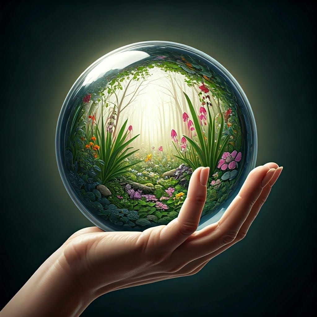 Whimsical Spring Garden Inside Crystal Ball in Dreamlike Sty...