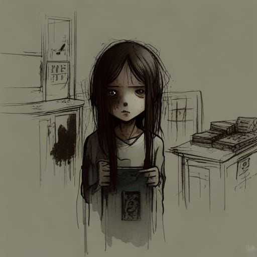 Sad Ghost Girl in Dark Room, Digital Art