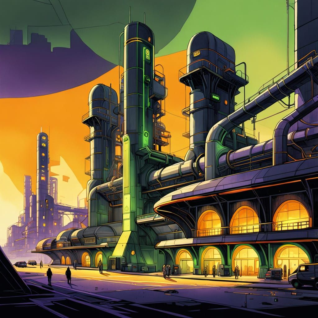 Industrial Complex with Golden Arch in Digital Art Style