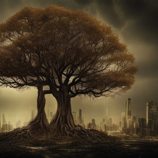 Tree Struck by Lightning in Post-Apocalyptic Cityscape