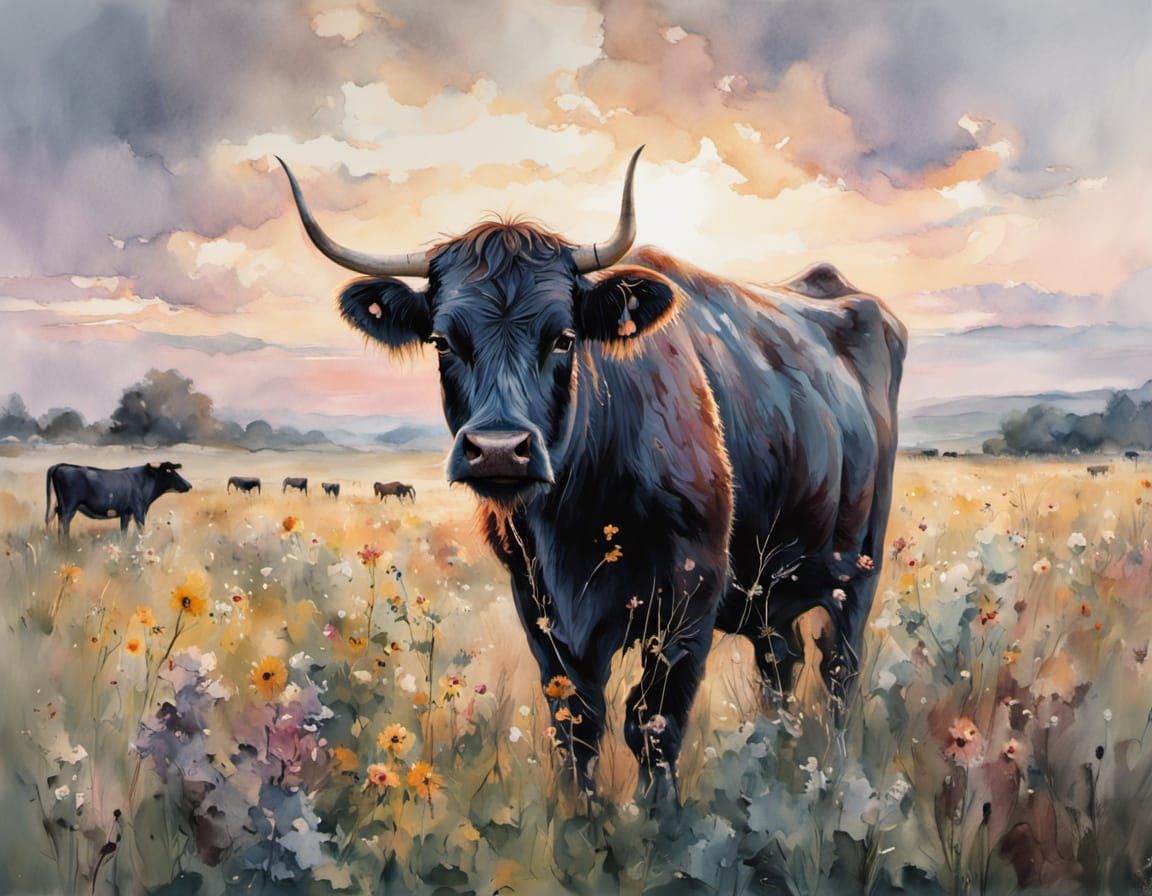 Aberdeen Angus Cow in Watercolor Wildflower Field
