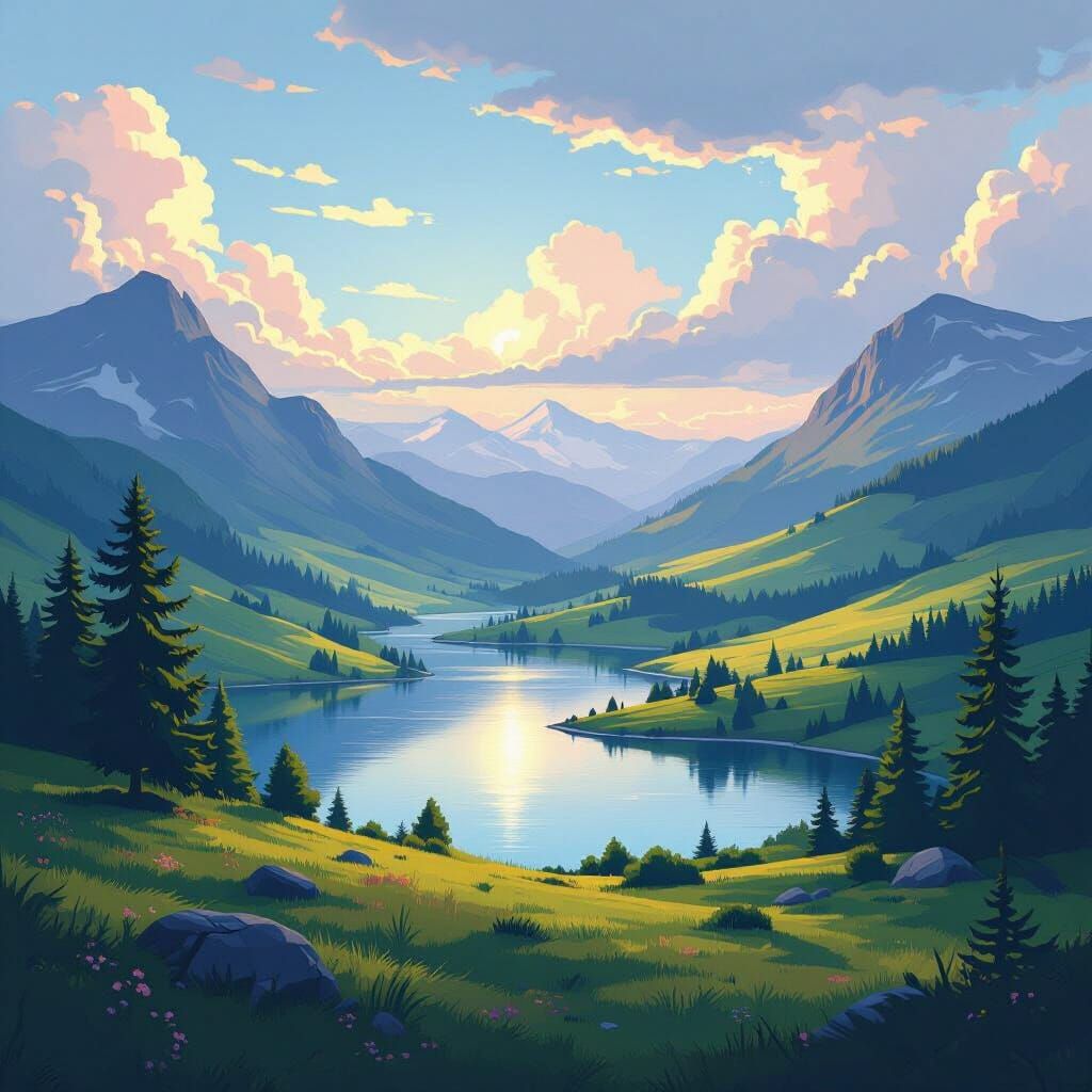 Vibrant Landscape with Rolling Hills and Serene Lake