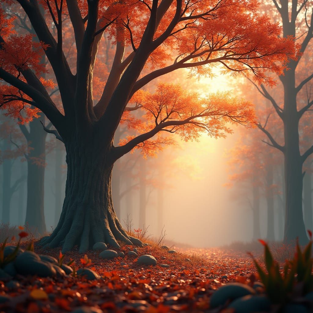 Serene Autumn misty forest with sunlit tree, misty background, warm colors, photorealistic