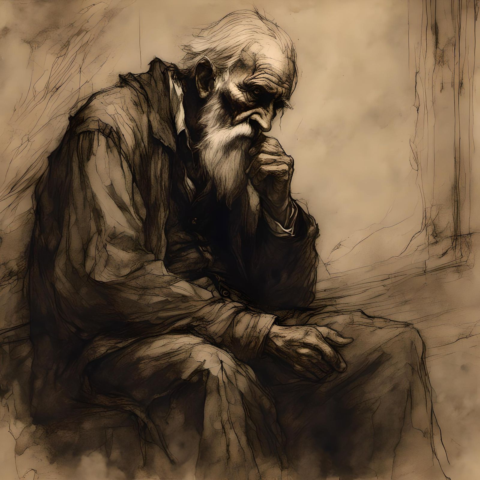 Giant Sorrow Old Man in Da Vinci Style