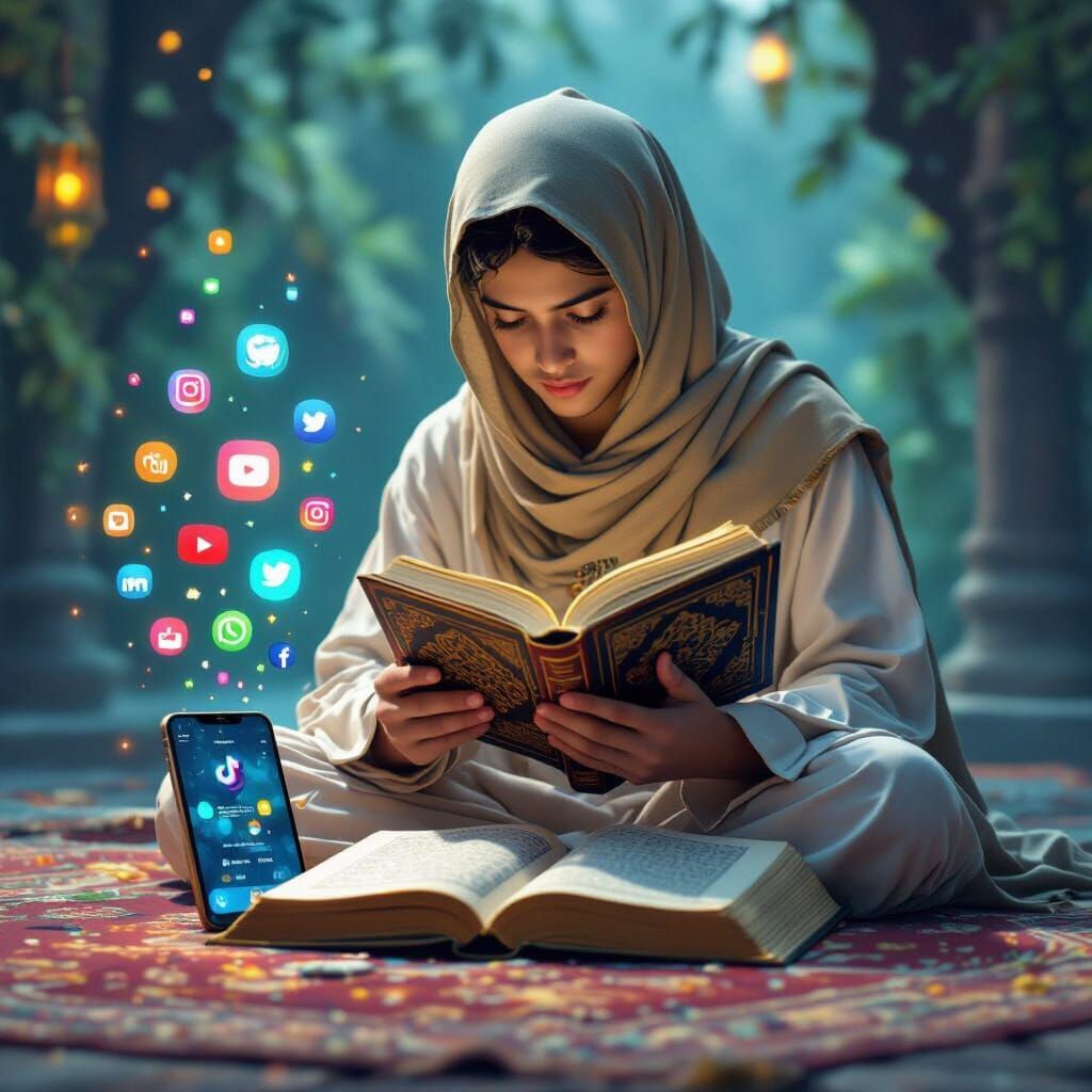 Santri Reads Book Beside Smartphone with Social Media Icons