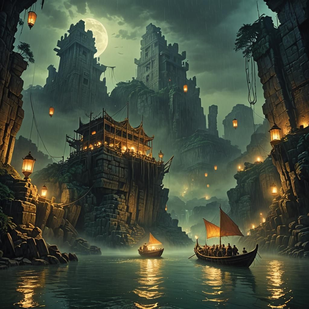 Colossus of Rhodes Ruins at Night in Fantasy Style