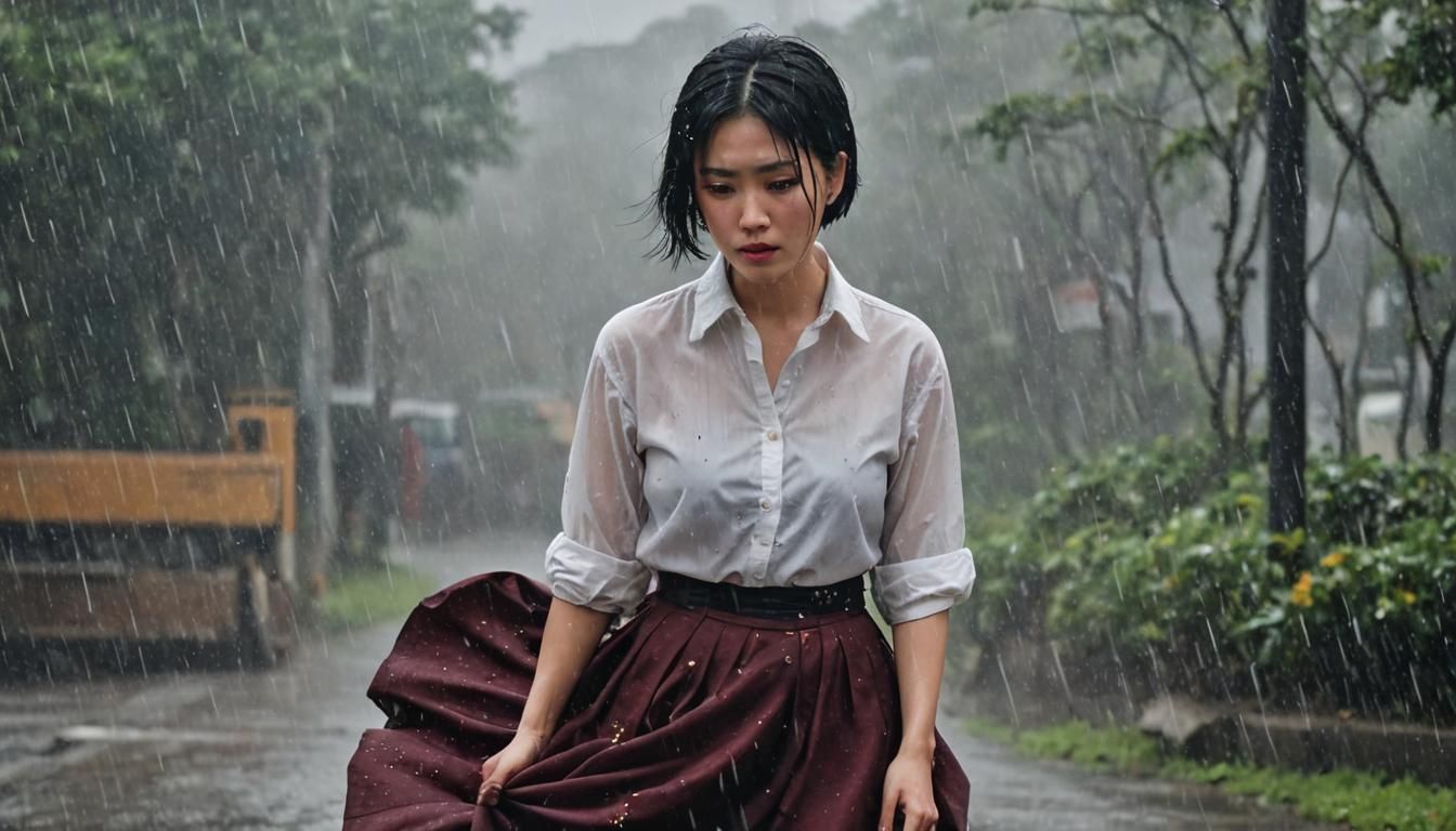 Sad Woman in Rain: Hyperdetailed Cross Hatching Drawing
