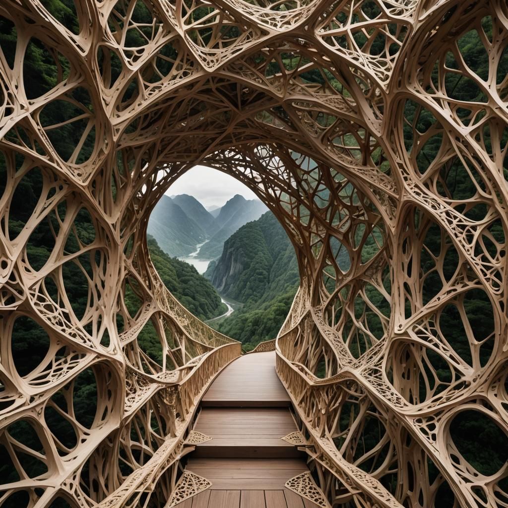 Organic Latticework Bridge Between Floating Mountains