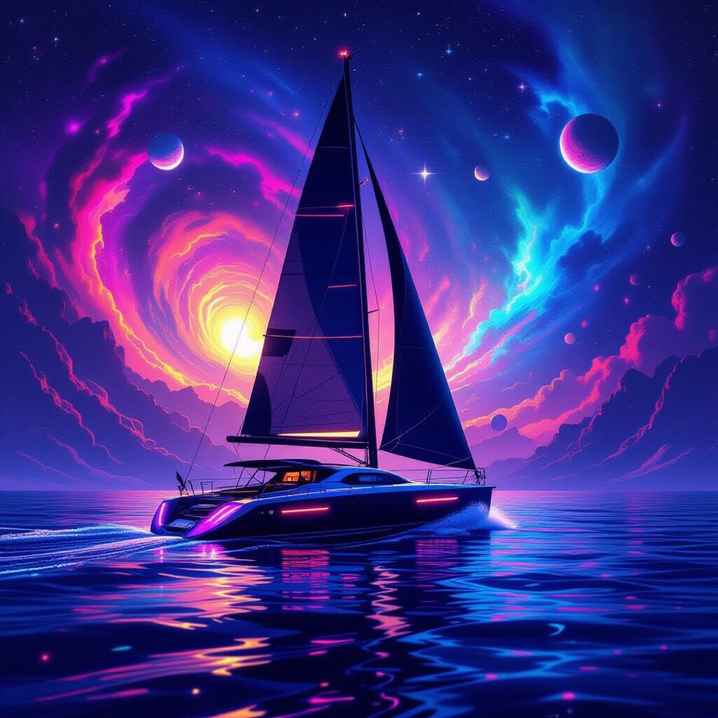 Futuristic Neon Sailboat in Cosmic Nebula