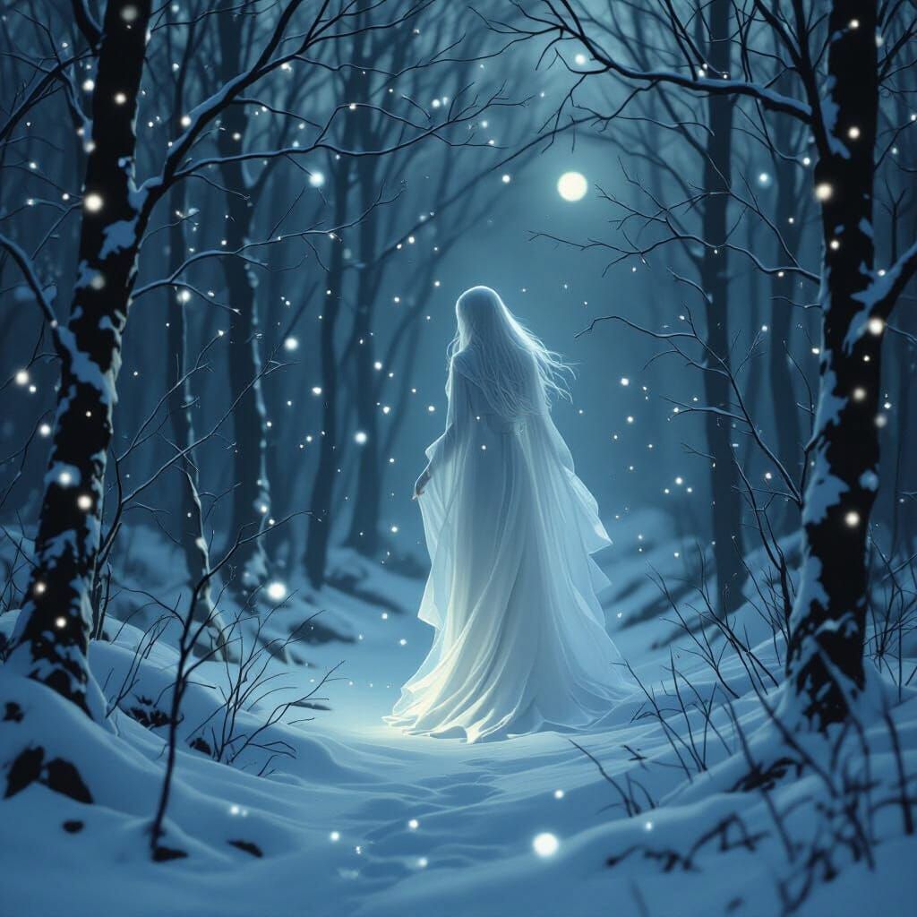 Ethereal Ghostly Woman in Snowy Forest at Twilight
