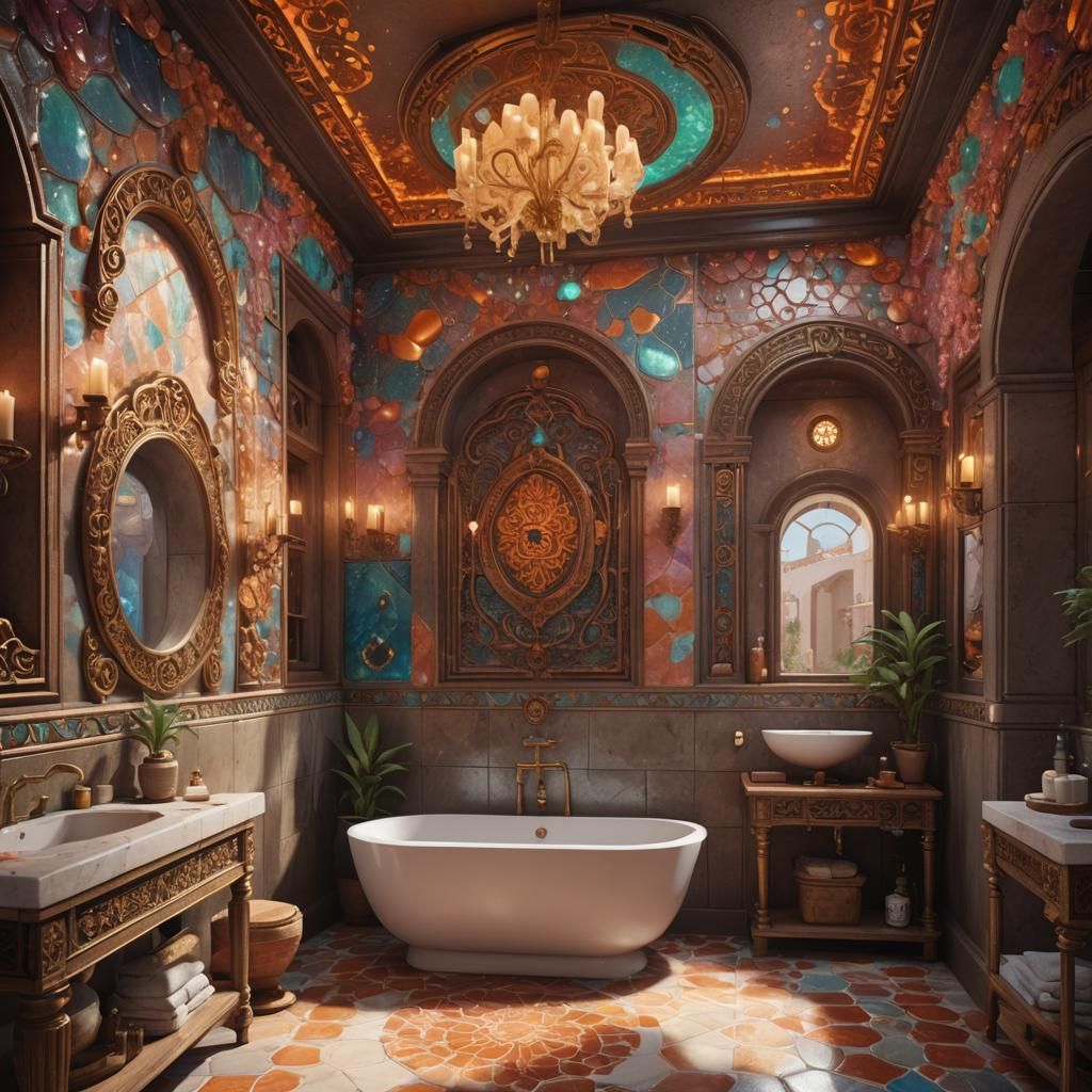 Opulent Mexican Opal Bathroom in Detailed Matte Painting