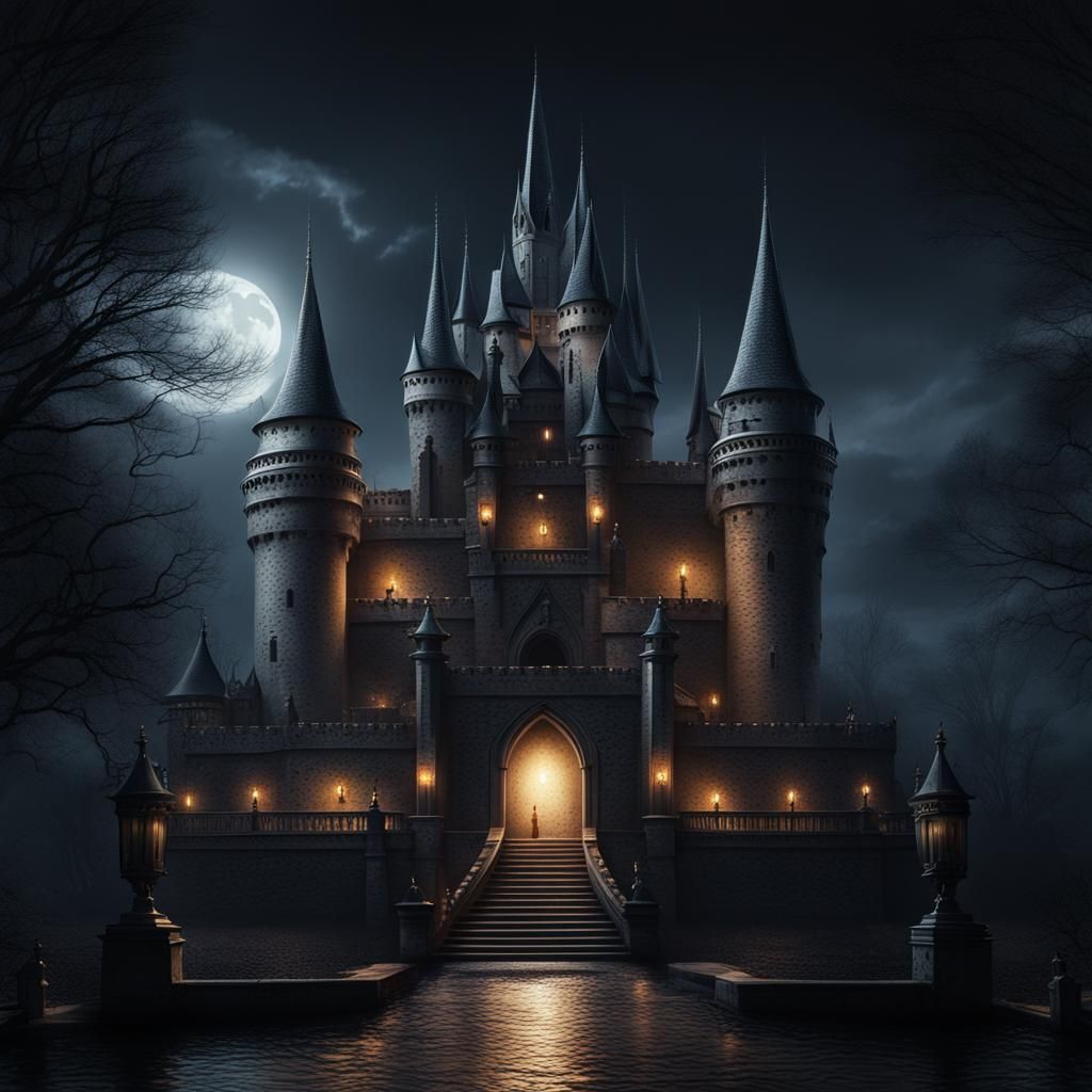 Sinister Castle at Night in Detailed Digital Art