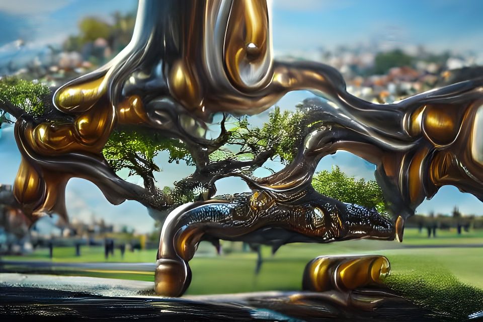 Metallic Oak Tree on Knoll: Hyperrealistic Digital Painting