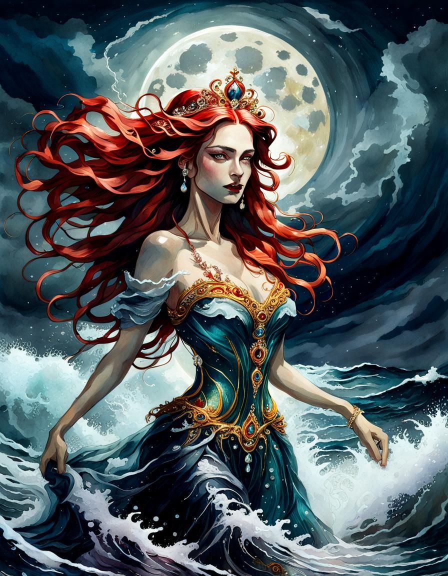 Sea Queen in Stormy Ocean, Fluid Watercolor Art