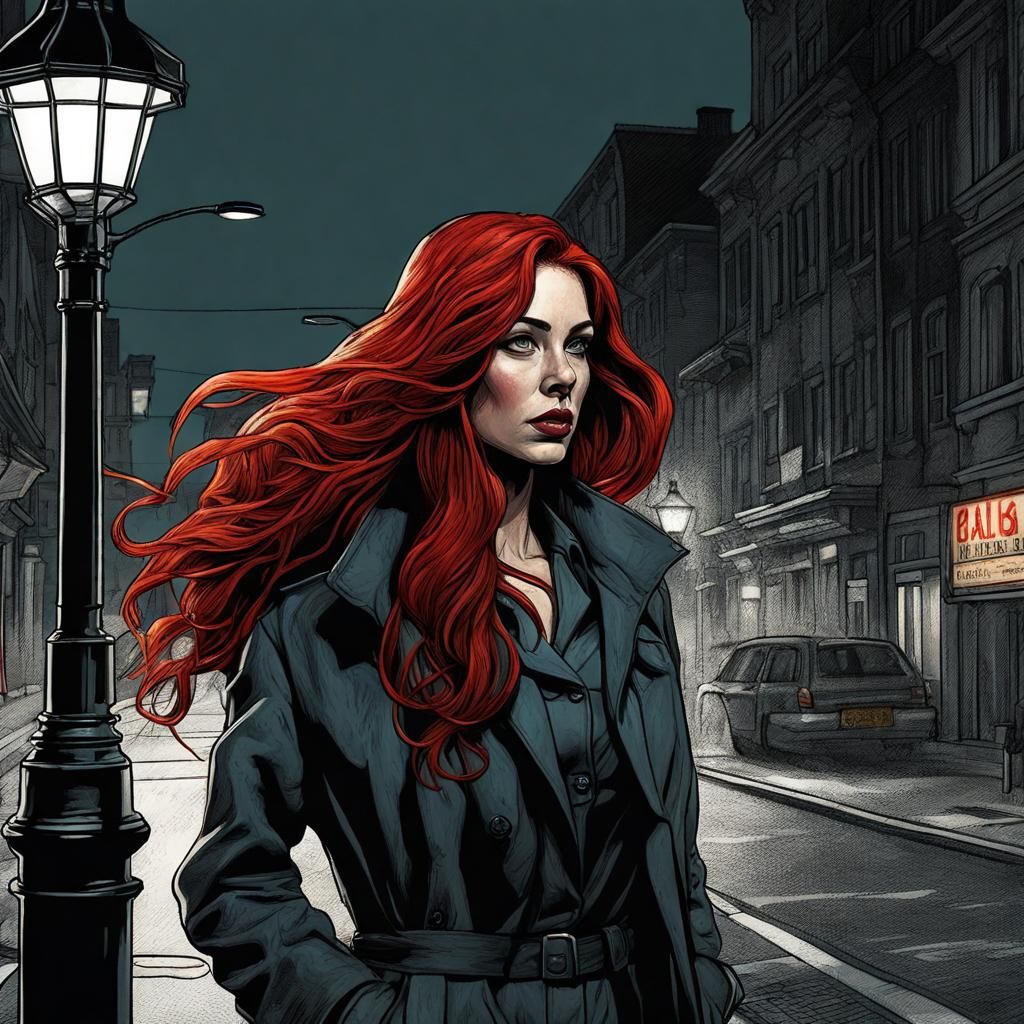 Red-Haired Detective in Film Noir Ink Painting