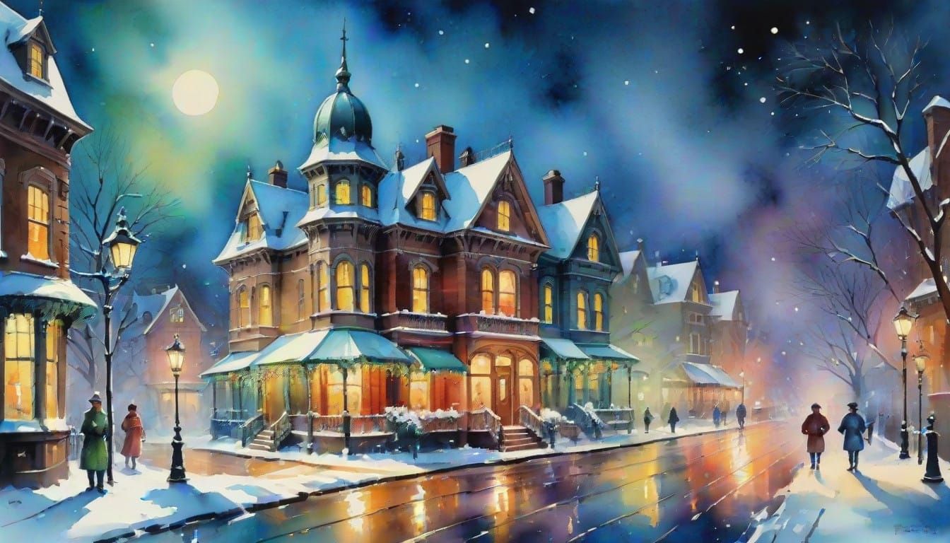 Whimsical Victorian Christmas Nightscape in Dreamy Watercolo...
