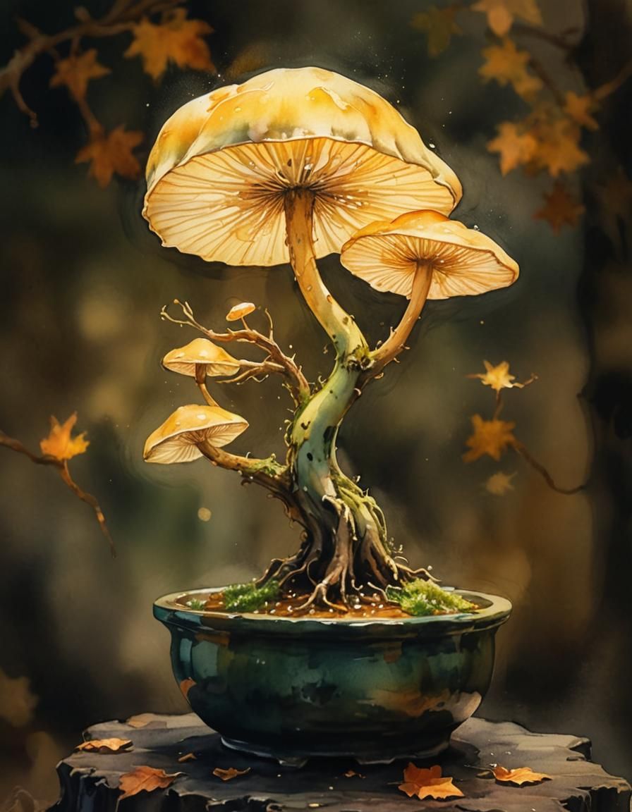 Ethereal Bonsai Mushroom in Watercolor Painting