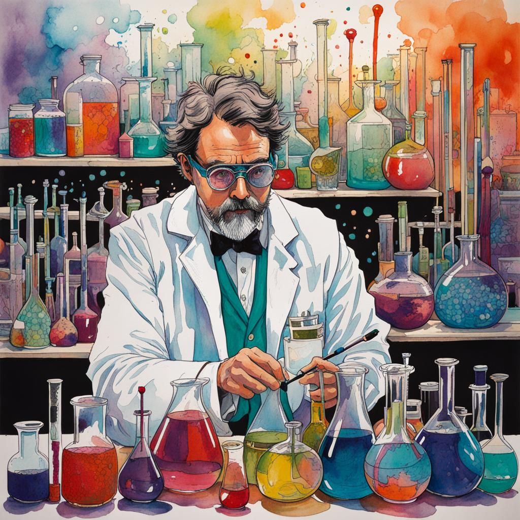 Scientist in Lab with Watercolor Brush Strokes