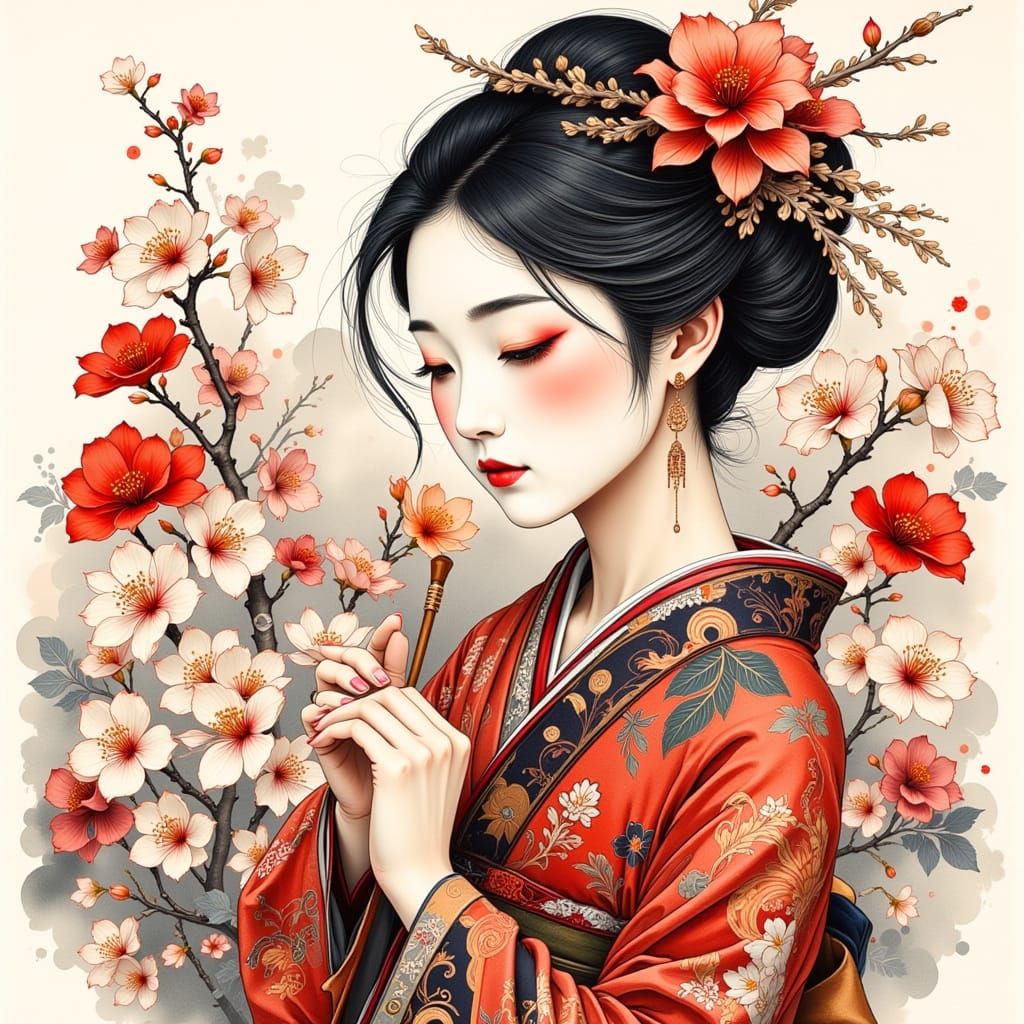 Japanese Geisha, Dragon and Samurai 3D Render