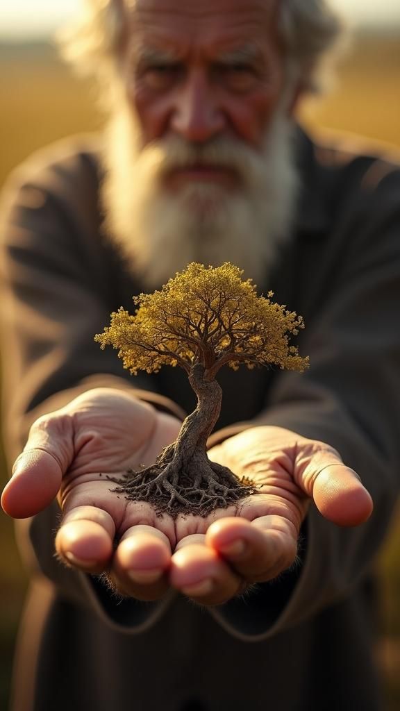 Elderly Man's Hand Holding Golden Tree of Life