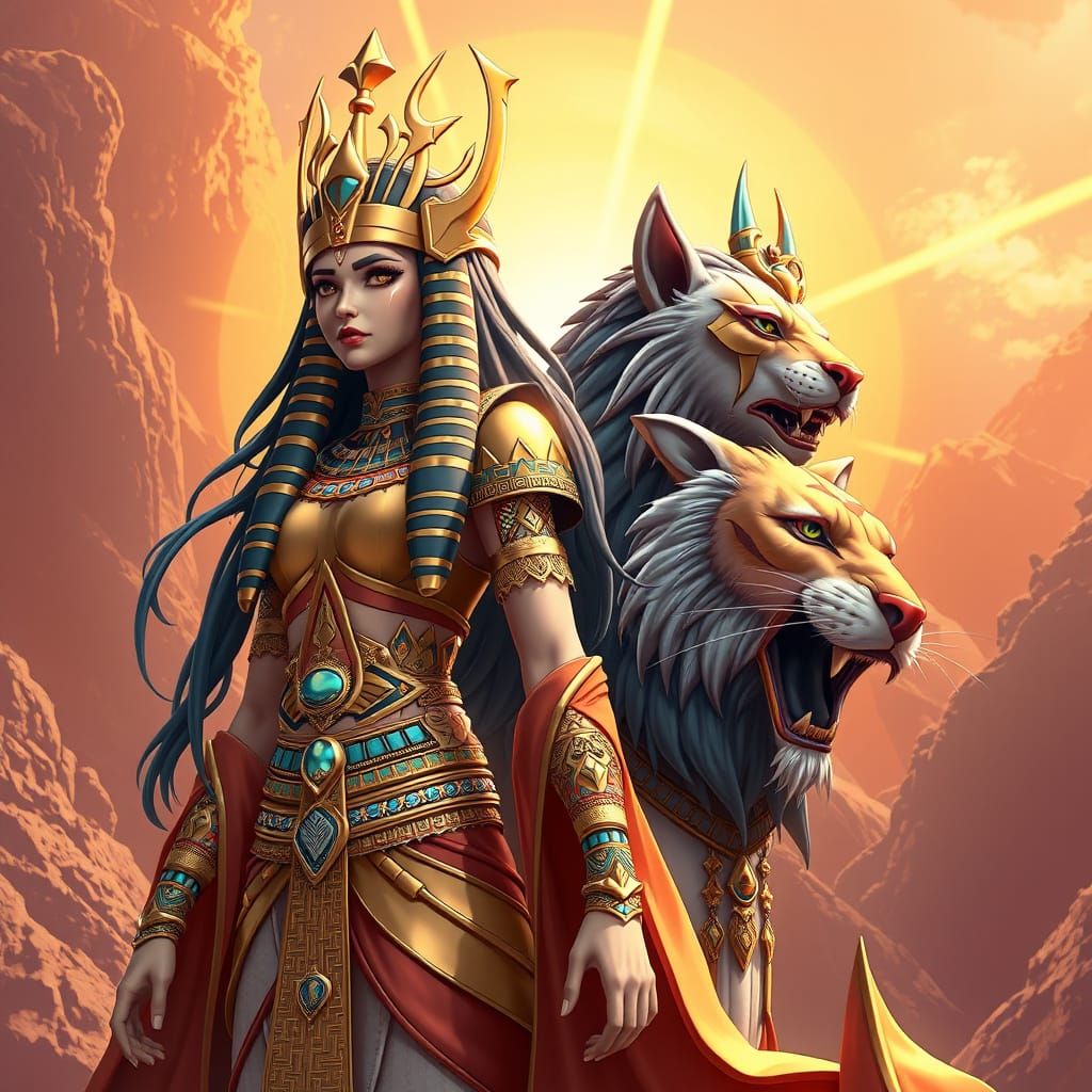 Egyptian Goddess Ra and Lioness Sekmet in Vibrant Anime Art