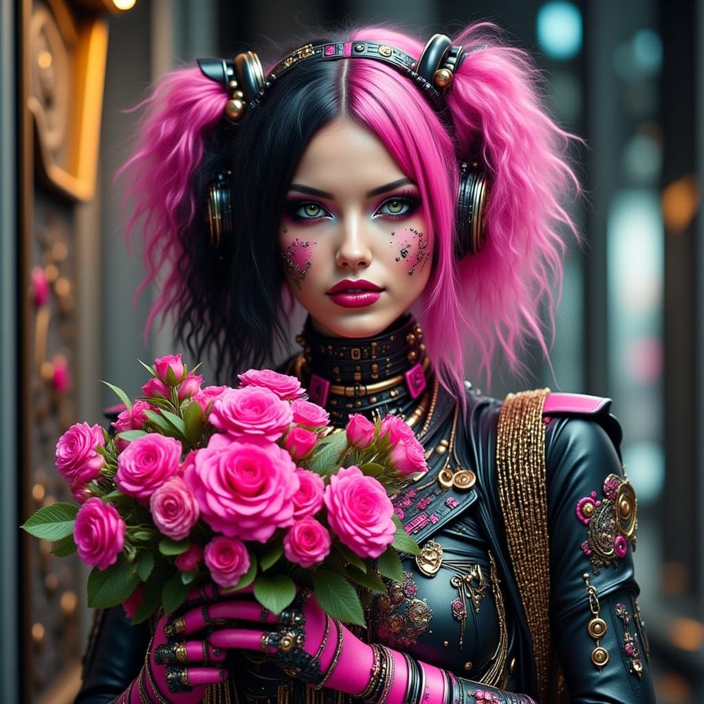 Punk Rocker Cyborg with Flowers