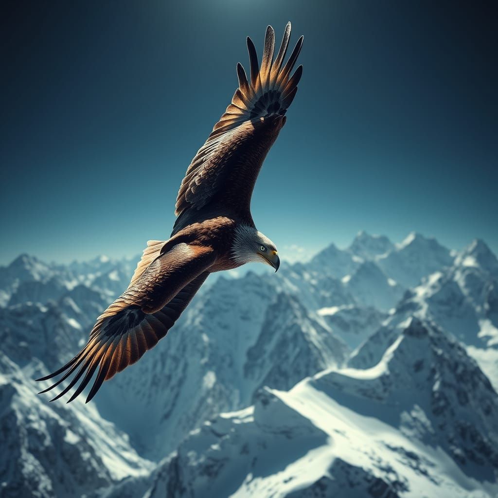 Metallic Eagle Soars Over Snowy Alps in Film Noir Style