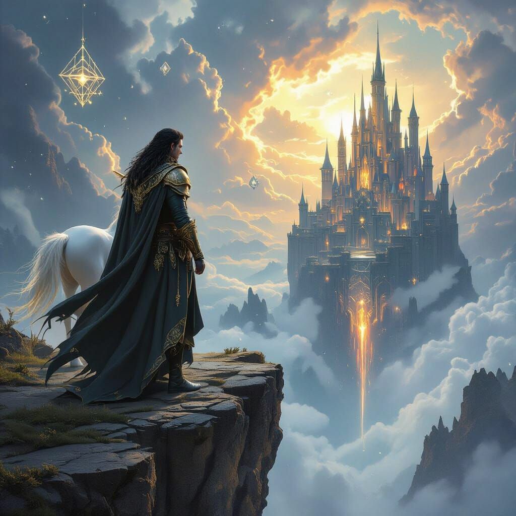 Epic Fantasy Scene: Man, Unicorn, and Floating Castle