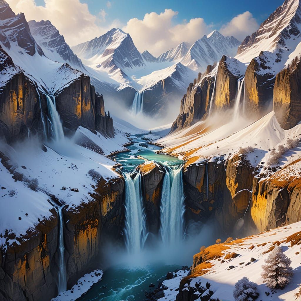 Cinematic Waterfall Landscape in Triadic Colors