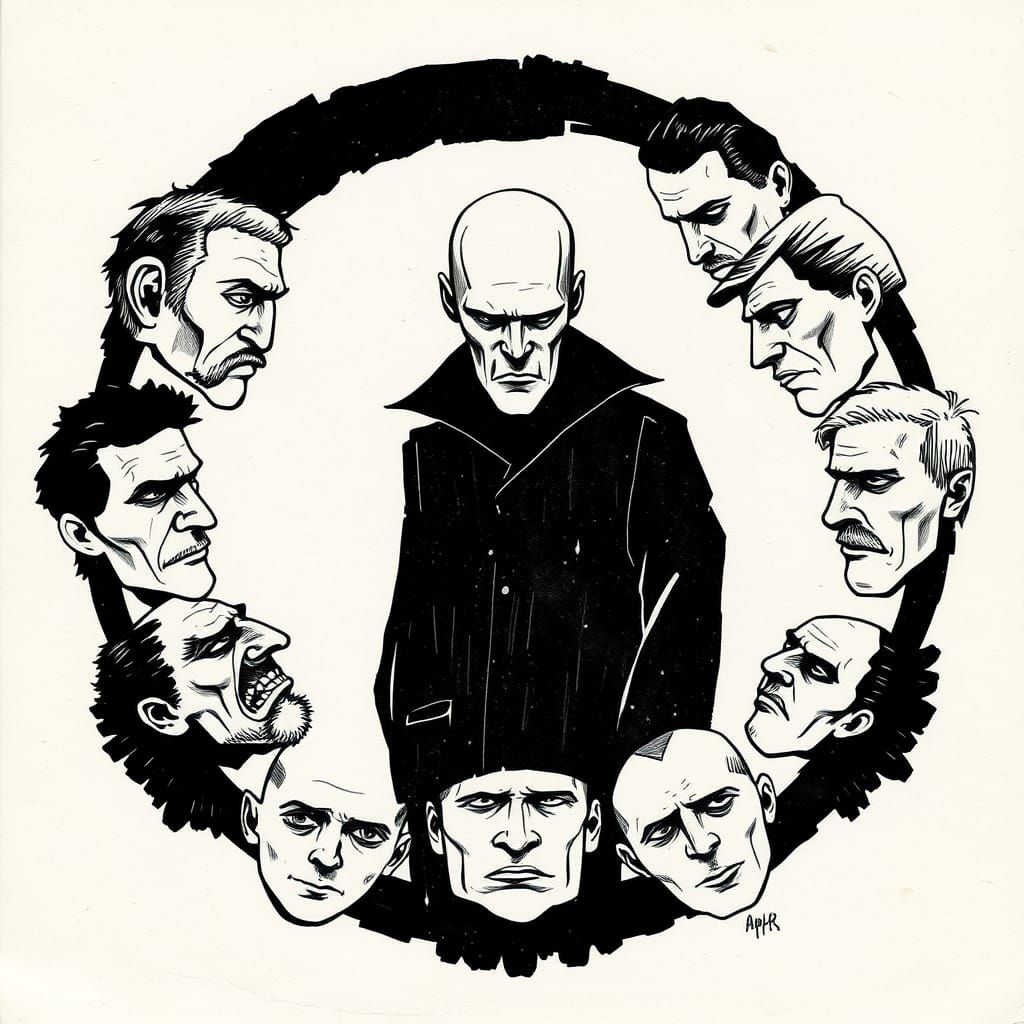 A traditional ink illustration on paper featuring a large ba...