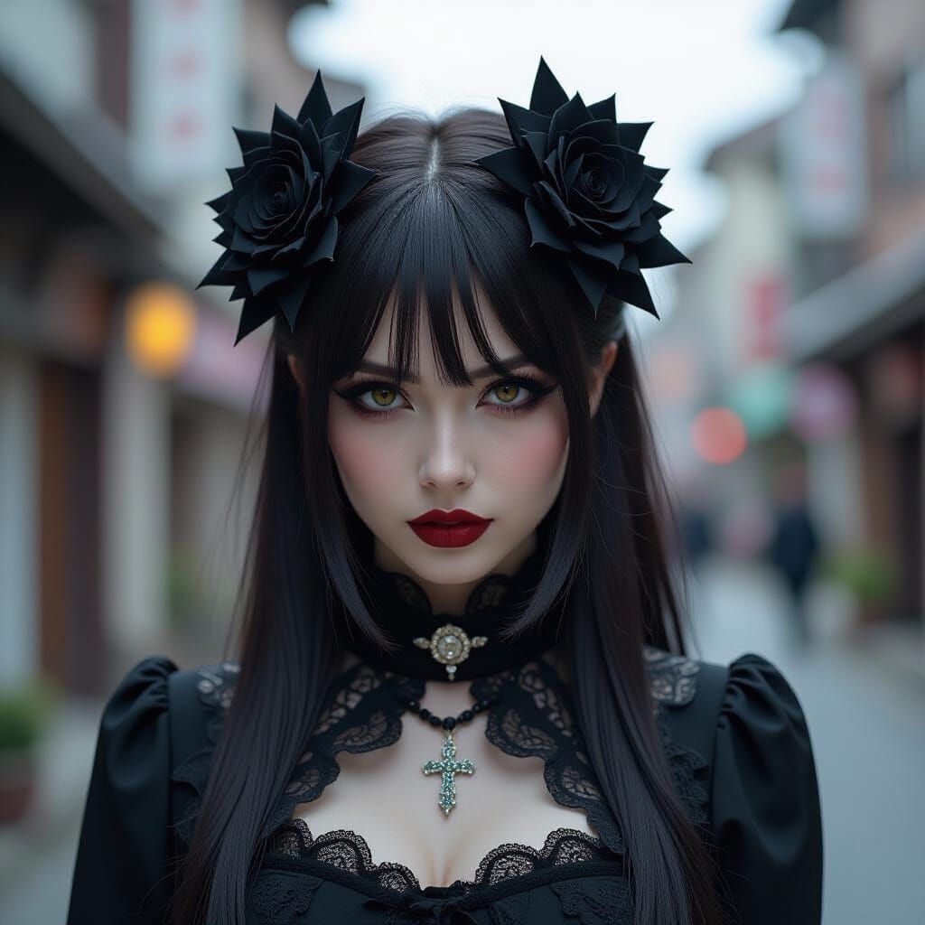 Gothic Japanese Woman in Stormy Underworld